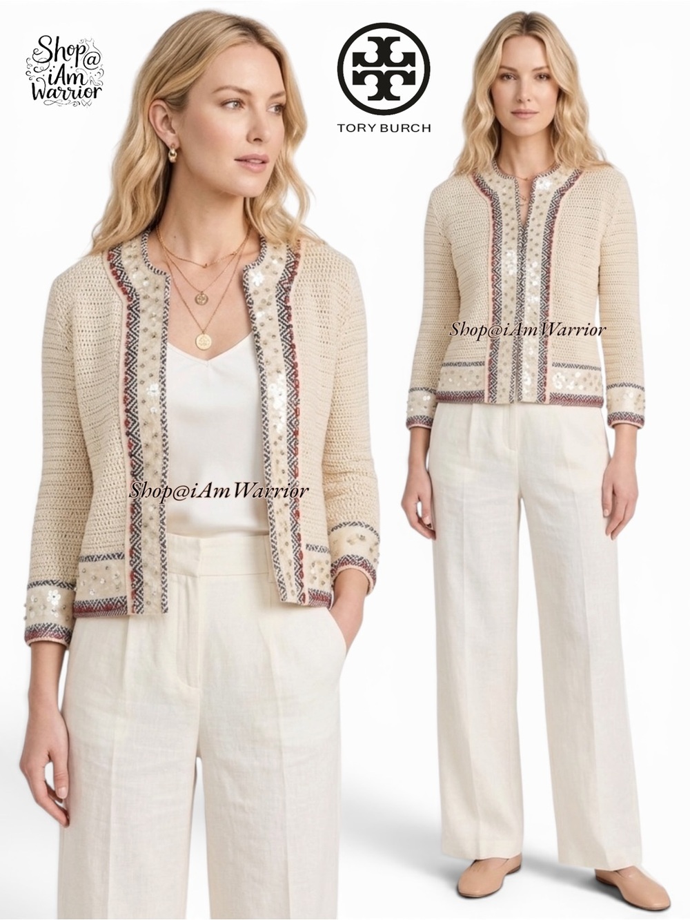 Tory Burch cream crochet beaded embellished cardigan jacket *shop@iamwarrior